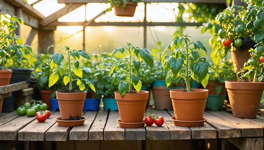 Three heirloom tomato plants at seedling, juvenile, and mature fruiting stages arranged left to right on a rustic potting bench in warm golden-hour light, with softly blurred garden rows and a trellis in the background.