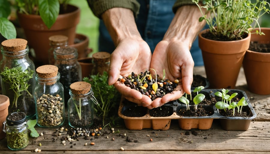 Weathered hands hold various heirloom seeds next to a tray of young seedlings on a wooden potting bench, with terracotta pots and a cottage garden softly blurred in the background.