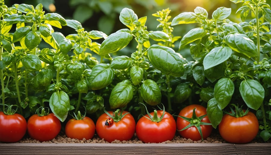 Mixed herb garden bed with basil next to tomatoes, oregano near peppers, and thyme and chives interplanted, photographed from a slight overhead angle at golden hour with shallow depth of field; a ladybug rests on a basil leaf while a raised bed and trellis blur in the background.