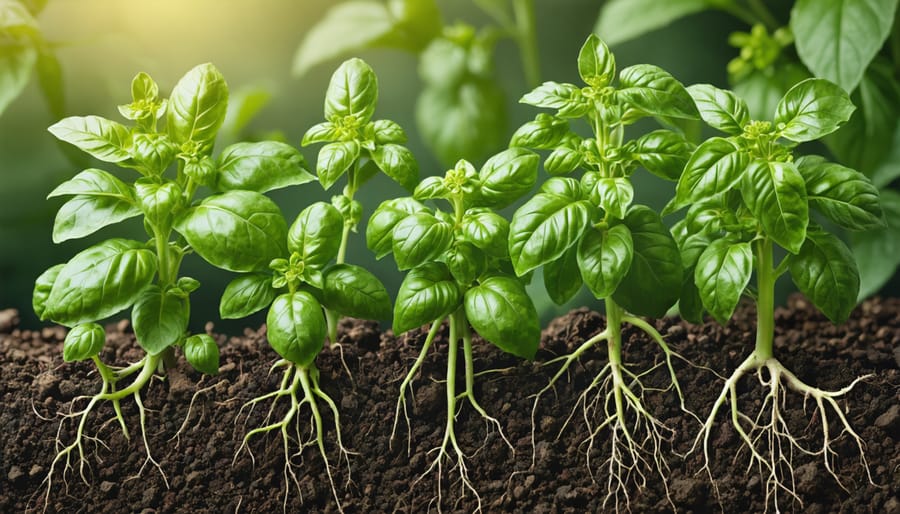Cross-section view of shallow and deep herb root systems in soil