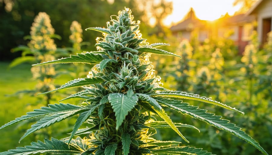 Close-up of a mature hemp plant’s resin-coated flower in a backyard garden at golden hour, with blurred raised beds and a small greenhouse in the background.