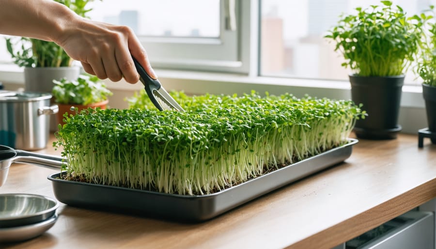 Hand harvesting radish and sunflower microgreens with scissors from a shallow tray on a small kitchen counter by a sunny apartment window, with a blurred compact kitchen and urban skyline in the background.