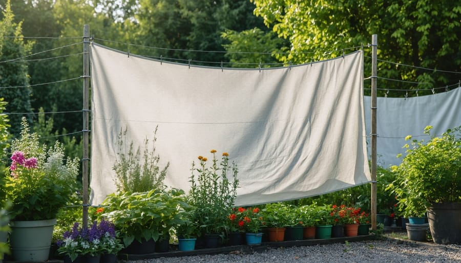 Heirloom tomato plants with protective cloth barriers on flower clusters in backyard garden setting