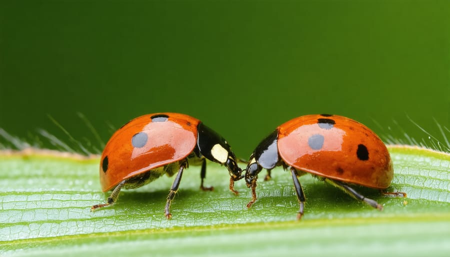Red ladybug with black spots on green plant stem covered with aphids