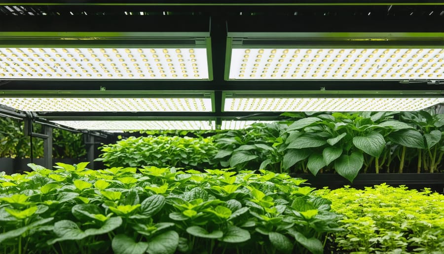 LED grow lights with purple spectrum illuminating seedlings in greenhouse
