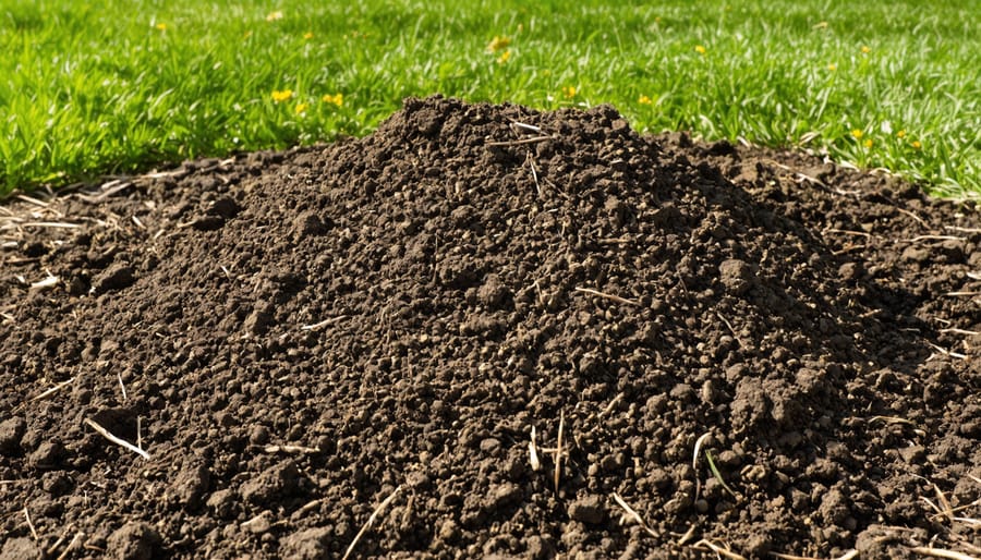 Gardener applying organic mulch around shade-loving plants in garden bed