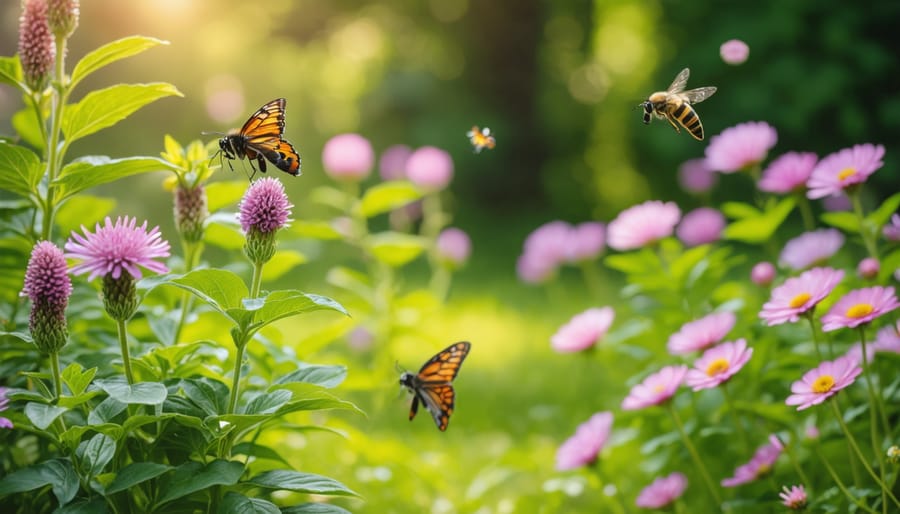 Native wildflowers with bees and butterfly in natural garden setting
