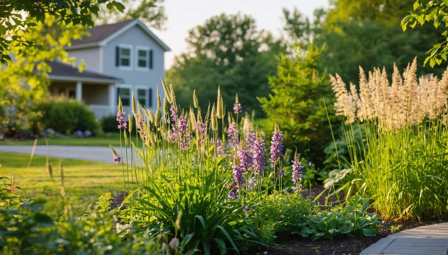 Layered native plant garden with tall prairie grasses, purple coneflowers, shorter wildflowers, and spreading groundcovers beneath a small serviceberry shrub in warm golden-hour light, with a softly blurred house and garden path in the background.