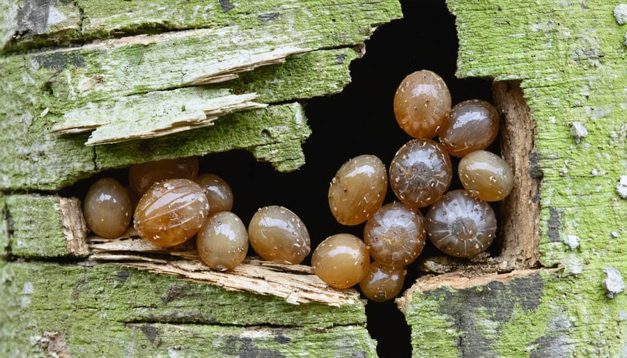 Close-up of aphid eggs and scale insects on frost-covered plant stem in winter garden