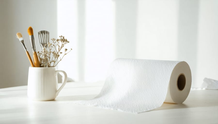 Overhead view of paper towel method setup with seeds arranged on damp towel with plastic bag