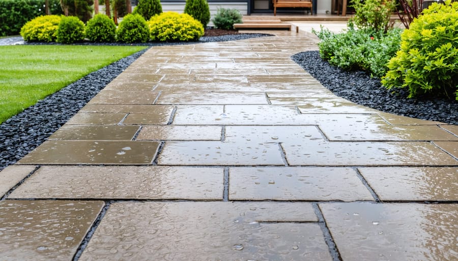 Rainwater filtering into the joints of a permeable paver driveway next to a lush garden bed, with house facade and shrubs softly blurred in the background under overcast light.