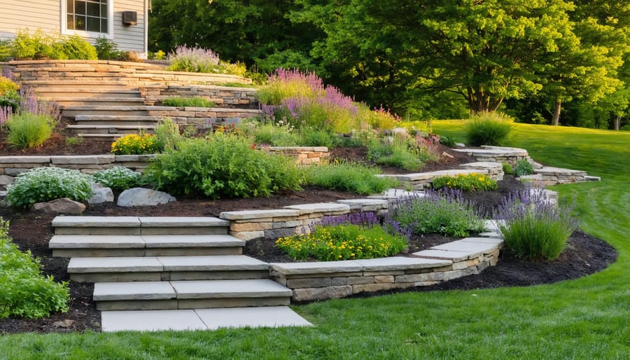 Terraced sloped backyard garden viewed from below, with drought-tolerant plants at the top, mixed perennials mid-slope, and lush moisture-loving plantings by a stone swale at the base, with a softly blurred house and trees behind.