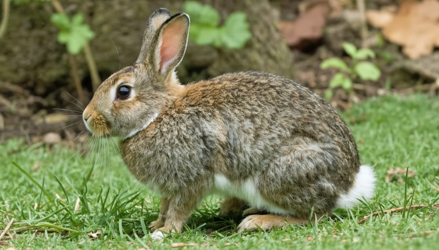 Wild rabbit feeding on perennial plants in snow-covered winter garden