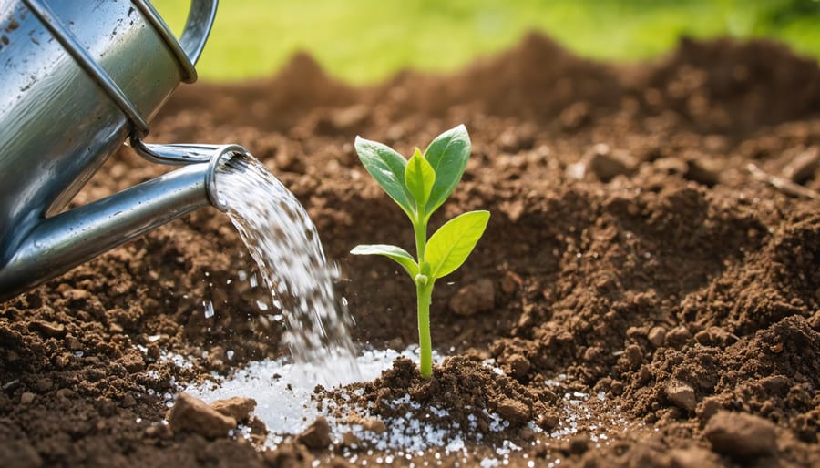 Metal watering can pouring water onto salt-crusted garden soil around a small green seedling, with soft daylight and a blurred raised bed and mulch pile in the background.