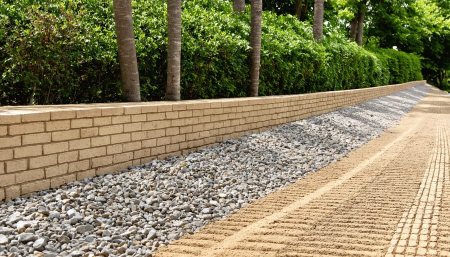Cross-section view of retaining wall base showing compacted gravel layers and drainage pipe installation