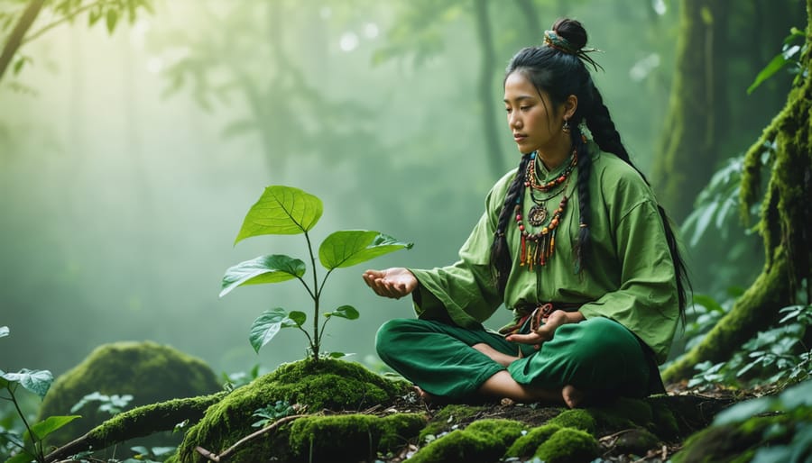 Indigenous elder tending to native plants in garden with reverent care