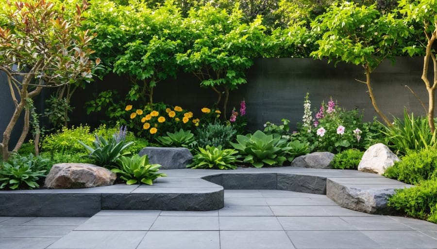 Small sacred garden corner with meditation bench, native plants, and natural stone elements