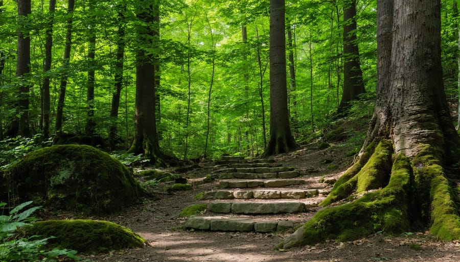 Ancient sacred forest grove with old-growth trees and lush understory vegetation in dappled sunlight
