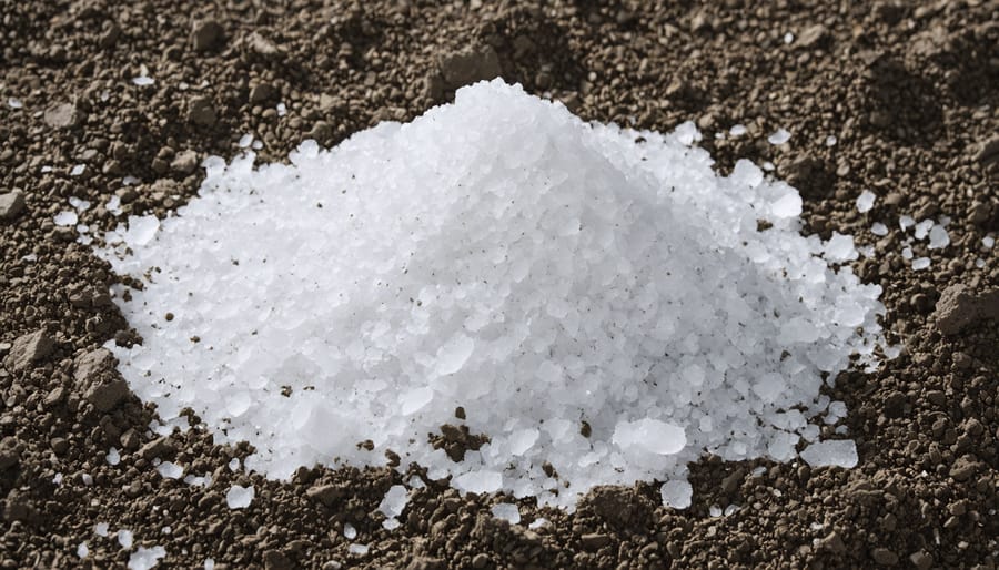 Close-up of white salt crust formation on brown garden soil surface