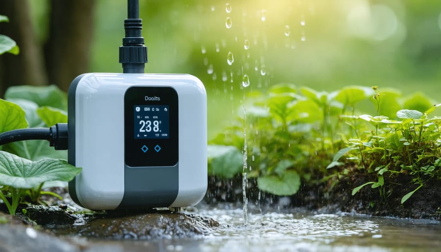 Smartphone showing garden app held above automated sprinkler watering vegetables