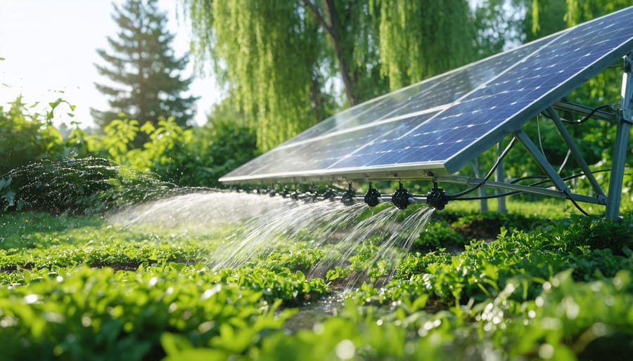 Solar panel on wooden post powering drip irrigation system in community garden