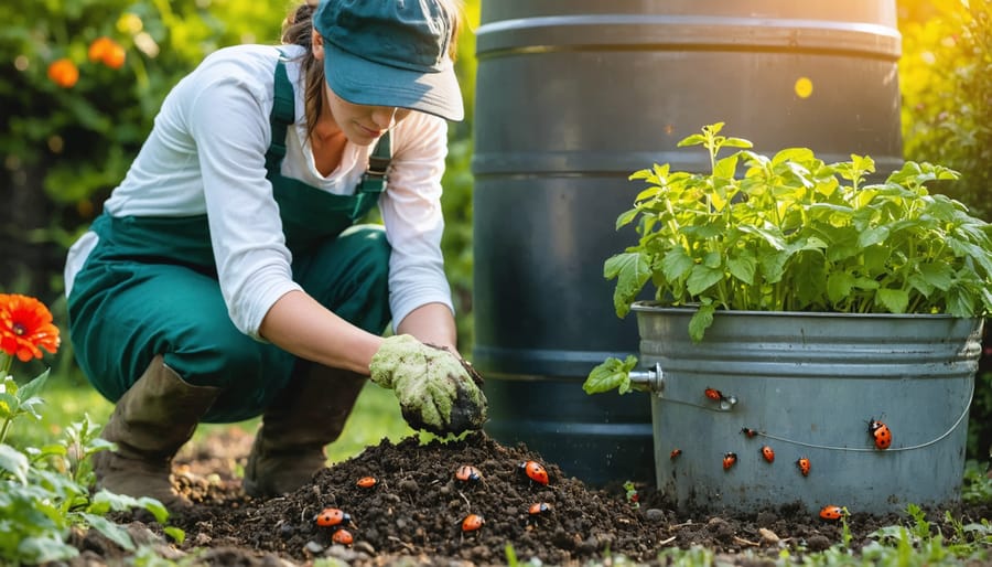 Gardener spreading compost around vegetable plants beside a roof-connected rain barrel, with native flowers and ladybugs in a softly blurred garden background at golden hour.