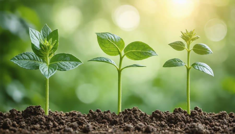 Three stages of heirloom tomato plants showing seedling, young plant, and mature fruiting plant side by side