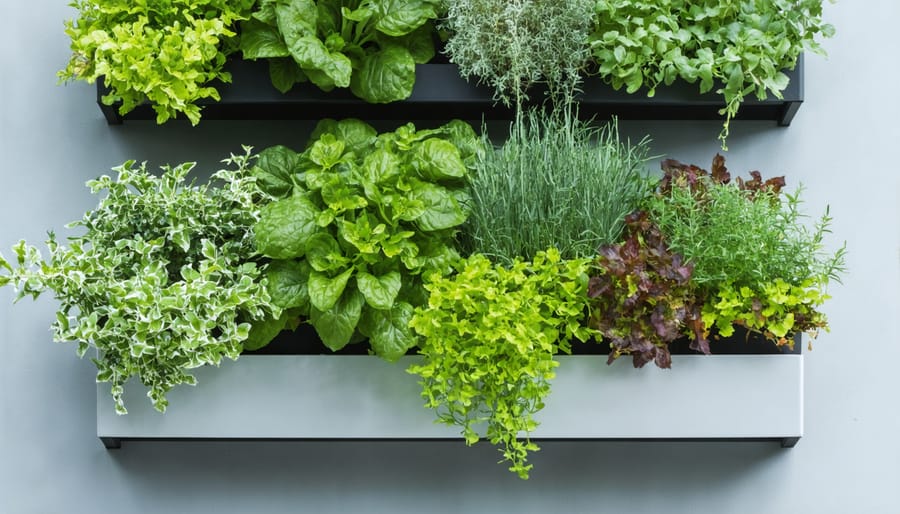 Thriving vertical garden on urban apartment balcony with herbs and vegetables