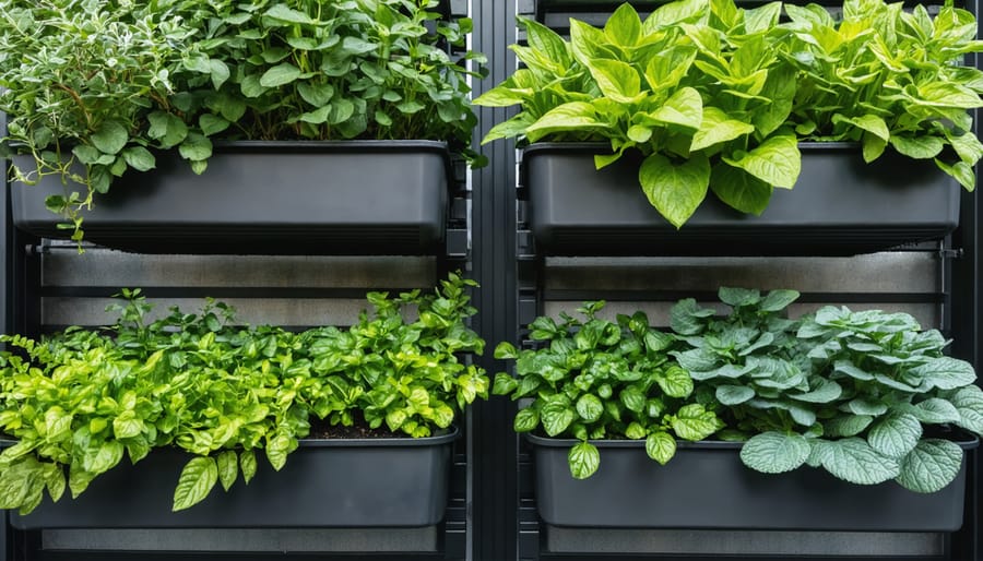 Hands installing drip irrigation on vertical garden with water droplets on leaves