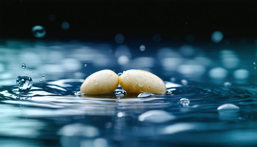 Seeds floating and sinking in clear water in glass bowl showing preliminary viability test