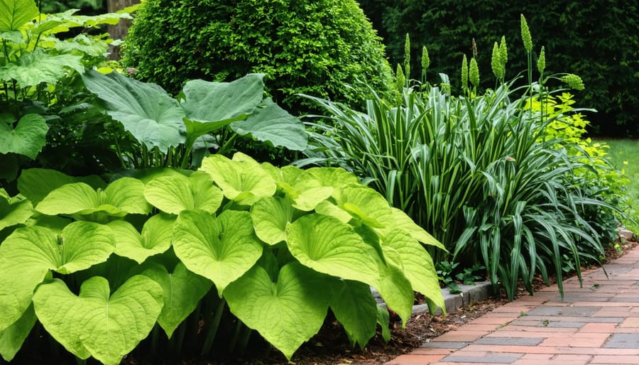Lush shade garden featuring colorful caladiums, elephant ears, and groundcover plants in Zone 9