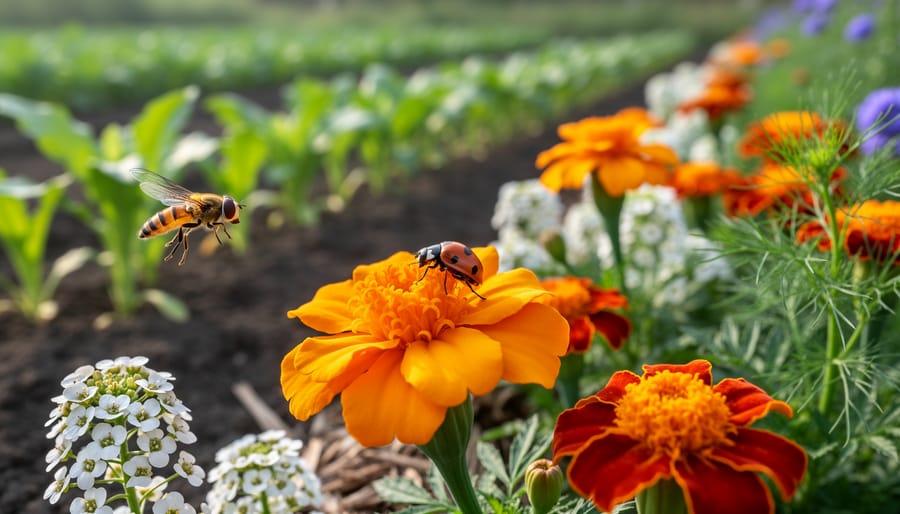 Ladybug beneficial insect on leaf near aphids demonstrating natural pest control