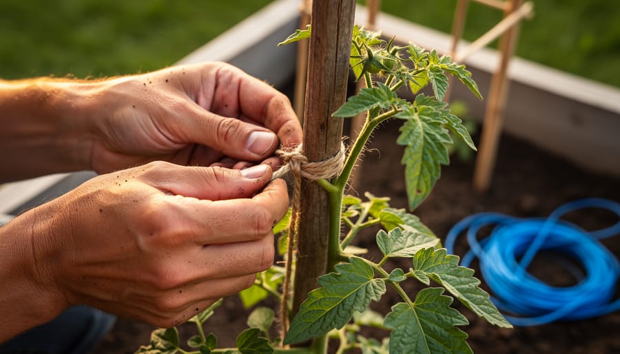 Close-up of a gardener tying a tomato vine to a wooden stake with natural jute twine in warm evening light, with a raised bed and out-of-focus blue plastic twine in the background.