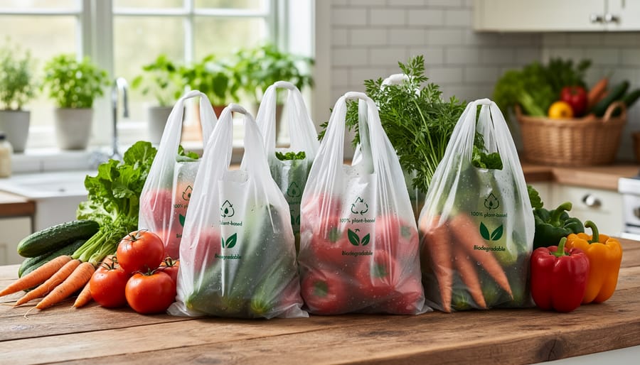 Translucent biodegradable vegetable bag containing fresh lettuce and tomatoes on kitchen counter