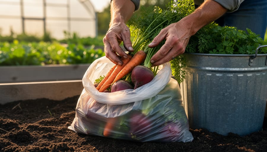 Gardener’s hands placing carrots and beets into a semi-translucent biodegradable bag on soil beside a compost bin, with raised beds and a greenhouse softly blurred in warm golden hour light.