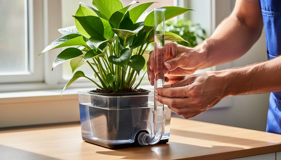 Gardener checking water level indicator pipe in wicking bed garden