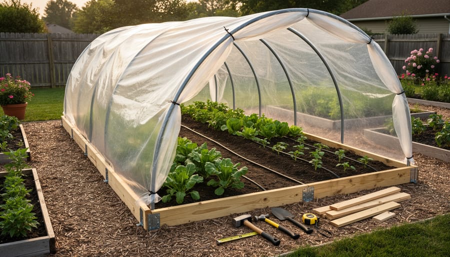 Finished DIY hoop house structure with clear plastic covering in a backyard garden