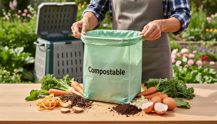 Overhead view of hands placing vegetable scraps in biodegradable bag inside compost bin