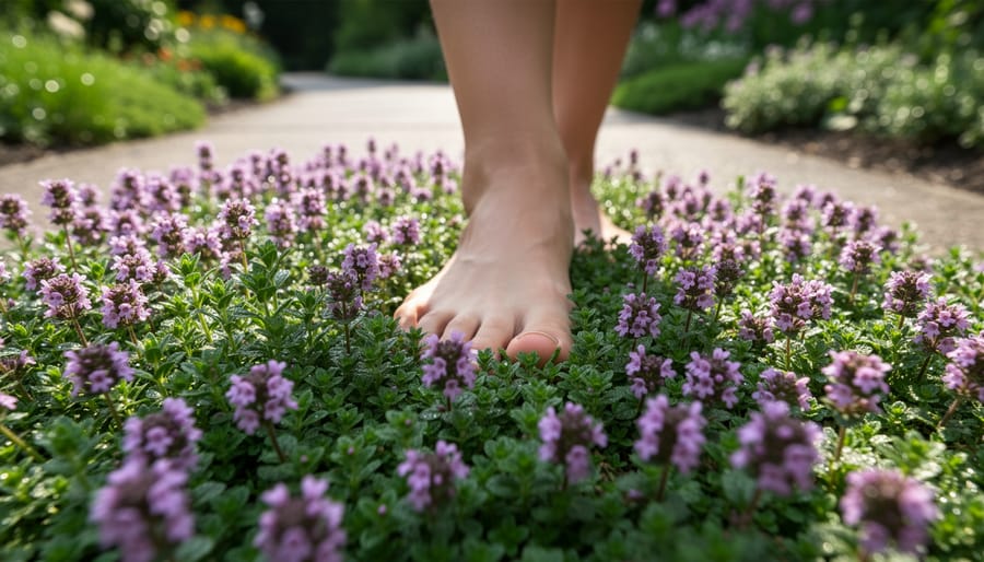 Bare feet walking on creeping thyme ground cover with purple flowers