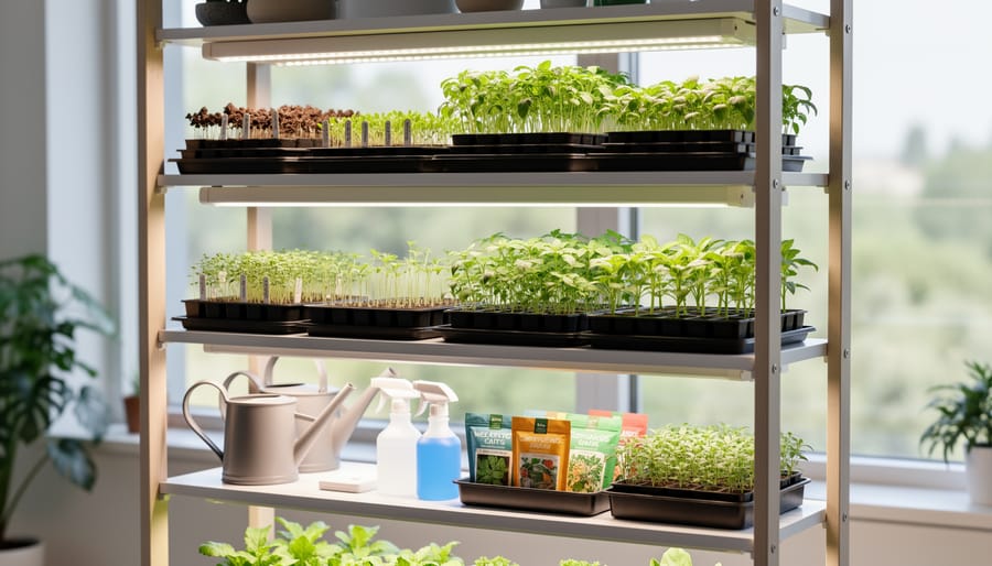 Custom wooden three-tier seed starting rack with grow lights and seedling trays at different growth stages