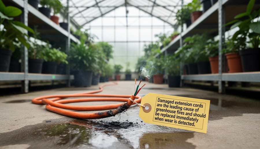 Close-up of damaged electrical extension cord with exposed wires in greenhouse