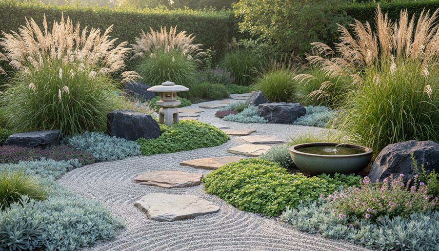 Overhead view of drought-tolerant ground covers including ornamental grasses and sedums with gravel pathway