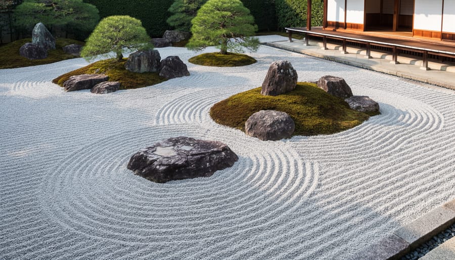 Zen rock garden with raked gravel patterns and strategically placed stones in Japanese style