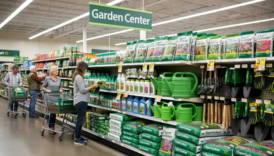 Expert Gardener potting soil bags displayed on store shelf at Walmart garden center