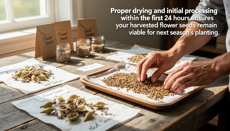 Freshly harvested flower seeds drying on white cloth with storage jars prepared for seed storage