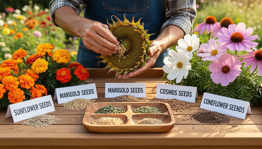 Variety of dried flower seed heads including coneflower, zinnia, and cosmos with scattered seeds on wooden surface