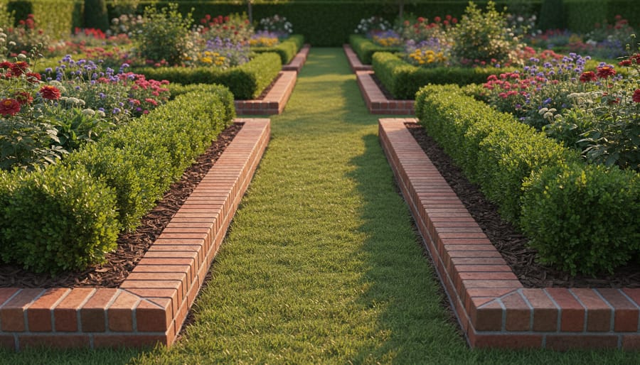 Aerial view of formal garden with brick edging creating geometric rectangular beds