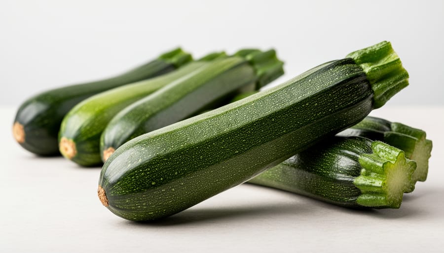 Fresh whole zucchini in wicker basket on wooden table