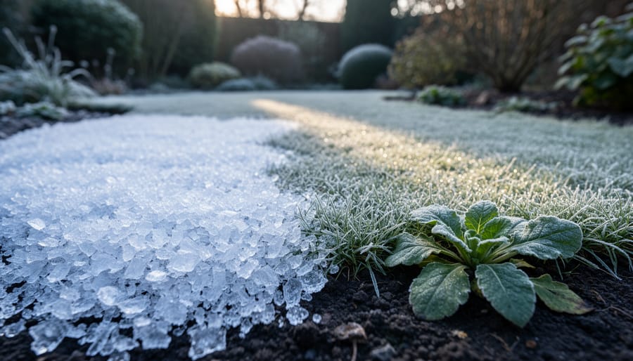 Frost-covered plant leaves in foreground with unfrosted plants visible in background showing microclimate variation