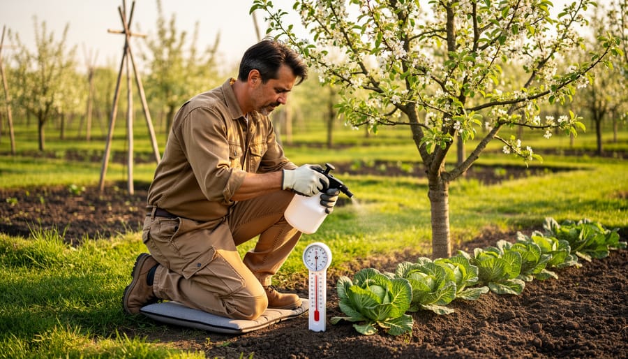 Gardener kneeling in spring garden, spraying a budding fruit tree with an unlabeled hand sprayer and checking an analog soil thermometer beside cabbage seedlings in warm golden-hour light, with blurred raised beds and trellises in the background